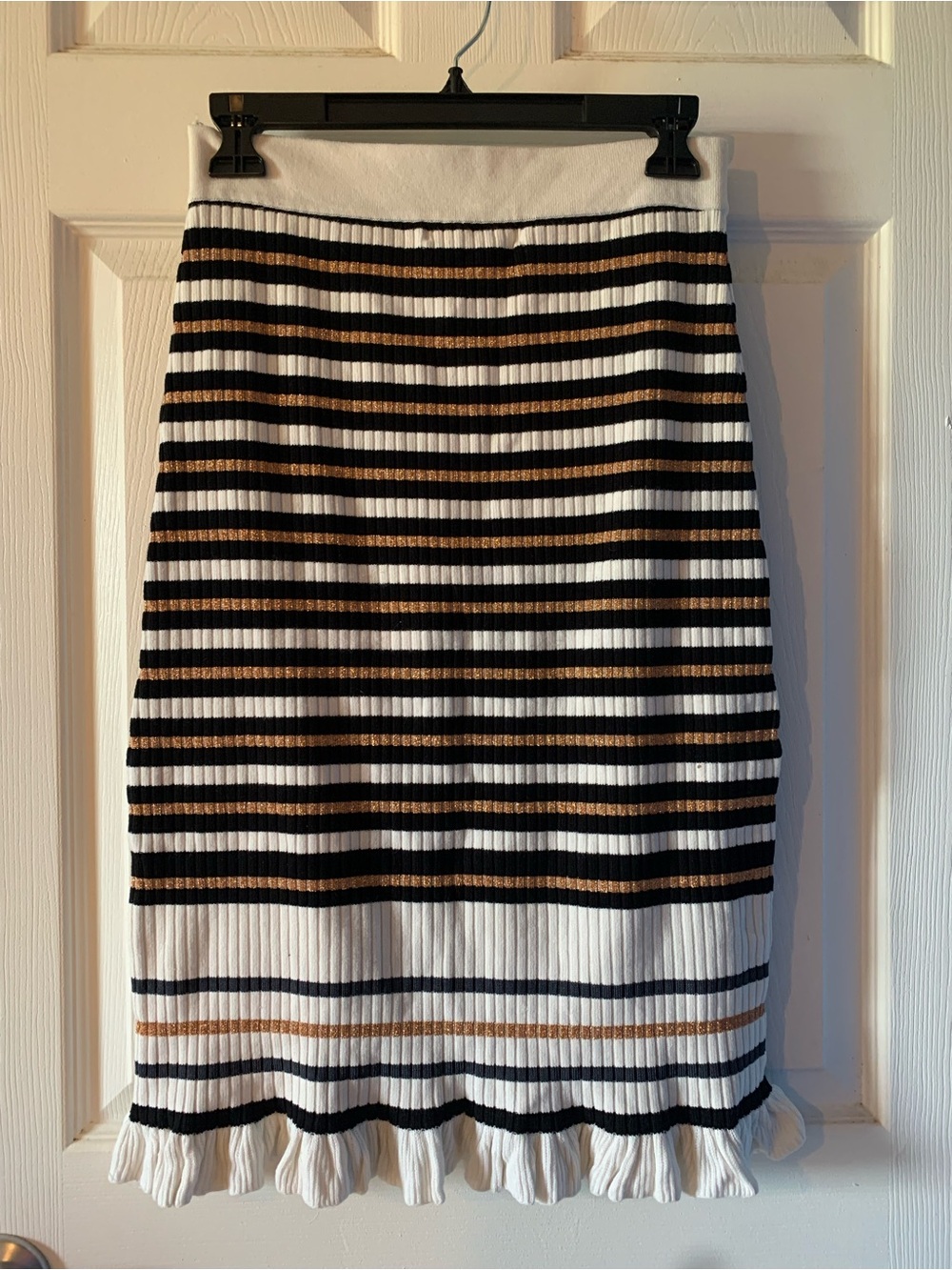 Animale Striped Ribbed Midi Skirt in White, Black & Sparkly Gold